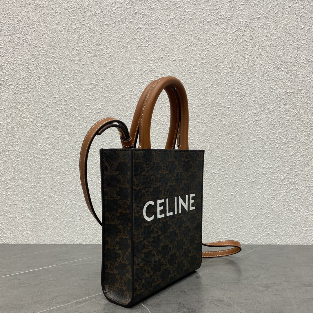 Celine Mini Vertical Cabas In Triomphe Canvas And Calfskin With Celine Print Tan 193302